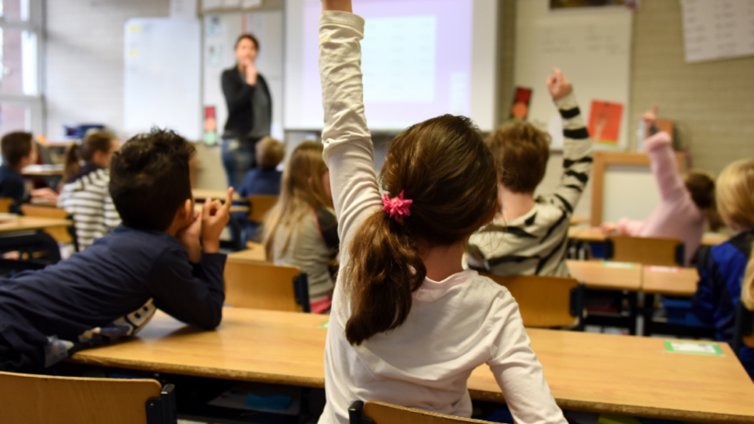 een schoolklas met kinderen van achteren gezien. Een meisje steekt haar vinger op. 