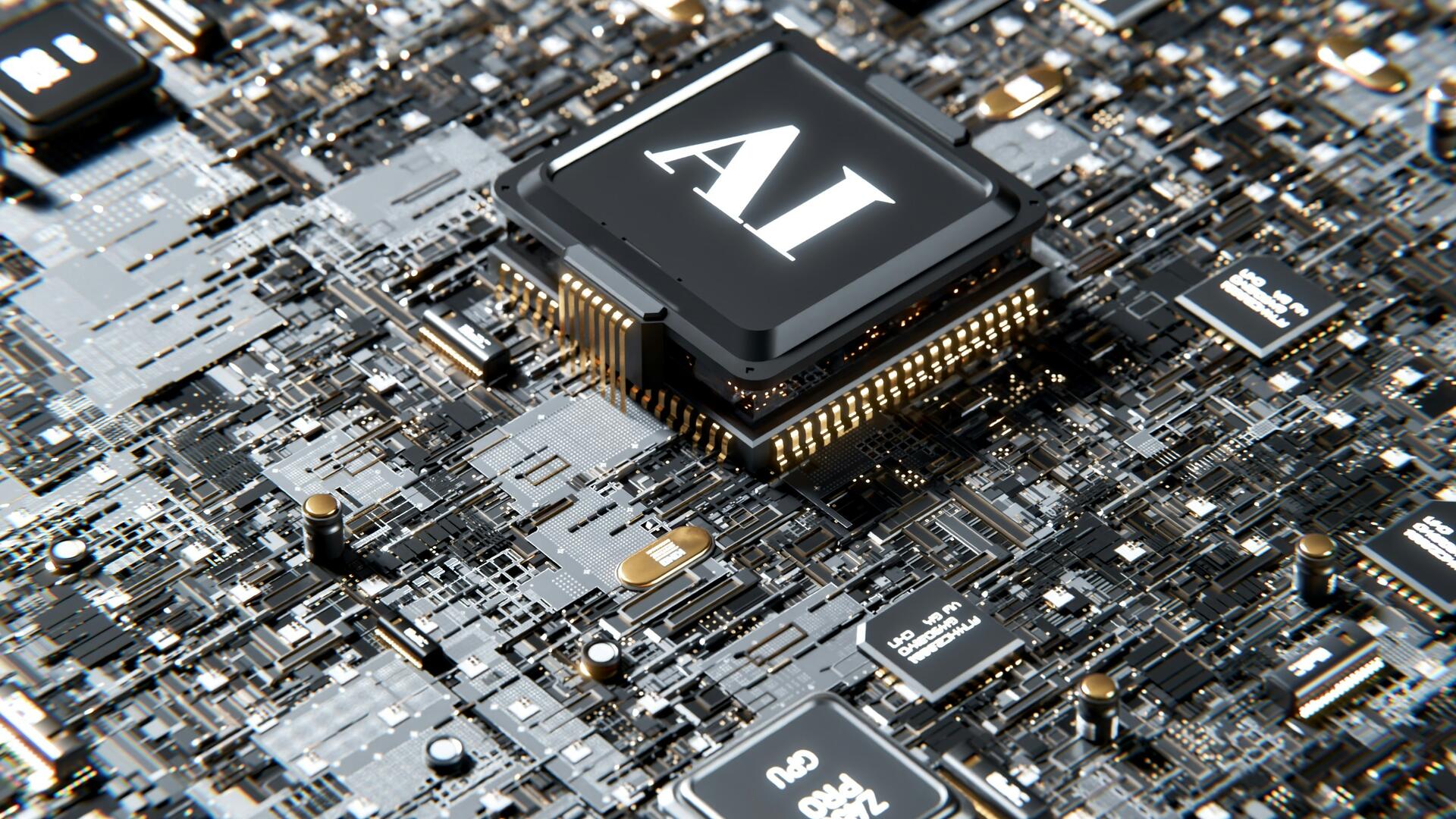 Een close-up van een gedetailleerde printplaat met centraal een chip waarop duidelijk de letters 'AI' staan.